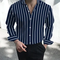 Clearance OUKU Men's Dress Shirt Button Down Shirt Striped Shirt Collared Shirt Striped Wedding Work Black White Red Navy Blue Long Sleeve Collar Clothing Apparel