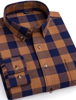 New OUKU Men's Dress Shirt Button Down Shirt Stripes and Plaid Wedding Office & Career Black Red Dark Navy Orange Long Sleeve Turndown All Seasons Clothing Apparel