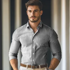 Outlet OUKU Men's Dress Shirt Button Down Shirt Striped Wedding Work Light Blue Black Red Blue Long Sleeve Collar Clothing Apparel