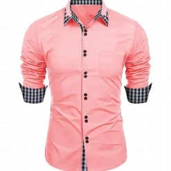 New OUKU Men's Dress Shirt Button Down Shirt Non Iron Shirt Casual Shirt Black White Pink Burgundy Blue Long Sleeve Color Block Solid / Plain Color Turndown Wedding Vacation Button-Down Clothing Apparel Cotton