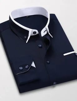 Sale OUKU Men's Dress Shirt Button Down Shirt Collared Shirt Non Iron Shirt Plain Wedding Work White Pink Navy Blue Royal Blue Long Sleeve Collar All Seasons Clothing Apparel