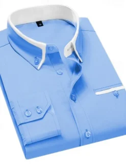 Sale OUKU Men's Dress Shirt Button Down Shirt Collared Shirt Non Iron Shirt Plain Wedding Work White Pink Navy Blue Royal Blue Long Sleeve Collar All Seasons Clothing Apparel