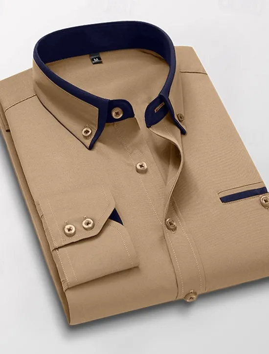 Sale OUKU Men's Dress Shirt Button Down Shirt Collared Shirt Non Iron Shirt Plain Wedding Work White Pink Navy Blue Royal Blue Long Sleeve Collar All Seasons Clothing Apparel