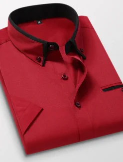 Hot OUKU Men's Dress Shirt Button Down Shirt Non Iron Shirt Collared Shirt Plain Wedding Work Light Pink White Red Khaki Short Sleeve Collar All Seasons Clothing Apparel