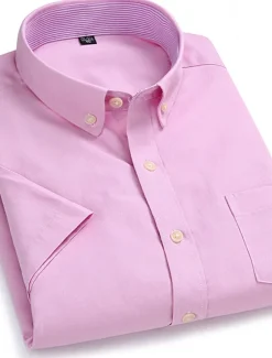 Hot OUKU Men's Dress Shirt Button Down Shirt Non Iron Shirt Oxford Shirt Solid / Plain Color Wedding Office & Career Black White Yellow Dark Navy Short Sleeve Shirt Collar Spring & Summer Clothing Apparel