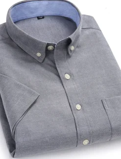 Hot OUKU Men's Dress Shirt Button Down Shirt Non Iron Shirt Oxford Shirt Solid / Plain Color Wedding Office & Career Black White Yellow Dark Navy Short Sleeve Shirt Collar Spring & Summer Clothing Apparel