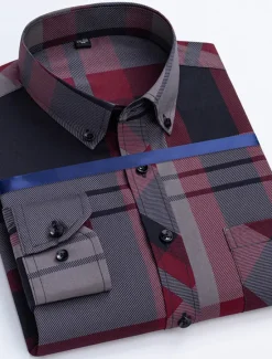 Sale OUKU Men's Dress Shirt Button Down Shirt Non Iron Shirt Collared Shirt Stretch Tartan Wedding Work Wine Black / Gray Black White Long Sleeve Square Neck All Seasons Clothing Apparel