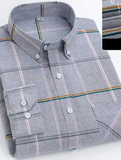 Best OUKU Men's Dress Shirt Button Down Shirt Oxford Shirt Plaid Wedding Office / Career Light Pink Light Blue White Yellow Long Sleeve Button Down Collar Spring & Fall Clothing Apparel Front Pocket