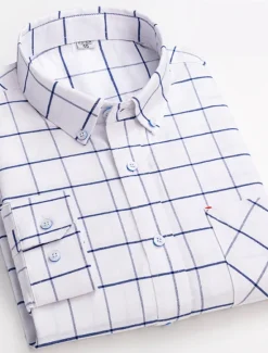 Best OUKU Men's Dress Shirt Button Down Shirt Oxford Shirt Plaid Wedding Office / Career Light Pink Light Blue White Yellow Long Sleeve Button Down Collar Spring & Fall Clothing Apparel Front Pocket