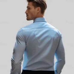 Online OUKU Men's Dress Shirt Button Up Shirt Solid Color School Formal Long Sleeve Turndown All Seasons Clothing Apparel Light Blue