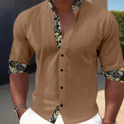 Sale OUKU Men's Dress Shirt Button Up Shirt Vacation Daily Black Ink Blue Brown Long Sleeve Band Collar Summer Spring & Fall Clothing Apparel 3D Print