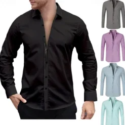 OUKU Men's Dress Shirt Button Up Shirt Plain Wedding Daily Light Blue Black White Pink Long Sleeve Lapel Spring & Fall Clothing Apparel Collared Shirts