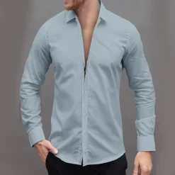 OUKU Men's Dress Shirt Button Up Shirt Plain Wedding Daily Light Blue Black White Pink Long Sleeve Lapel Spring & Fall Clothing Apparel Collared Shirts
