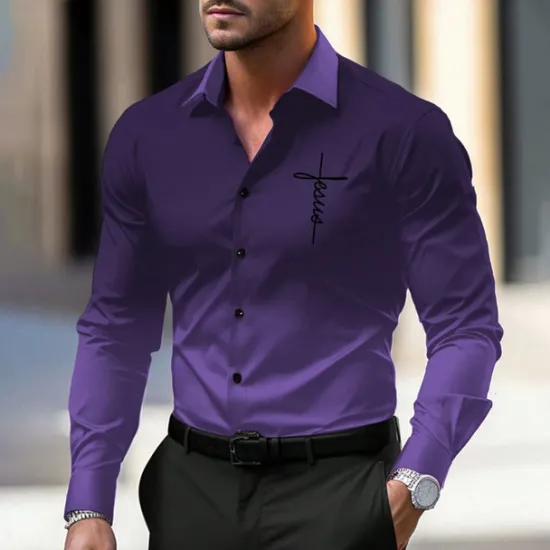 Discount OUKU Men's Dress Shirt Button Up Shirt Printed Shirts Formal Daily Violet Pink Red Blue Long Sleeve Turndown Fall Winter Clothing Apparel Print