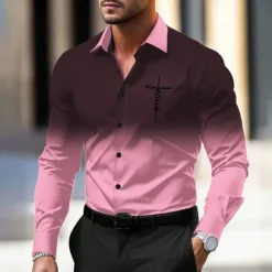 Discount OUKU Men's Dress Shirt Button Up Shirt Printed Shirts Formal Daily Violet Pink Red Blue Long Sleeve Turndown Fall Winter Clothing Apparel Print