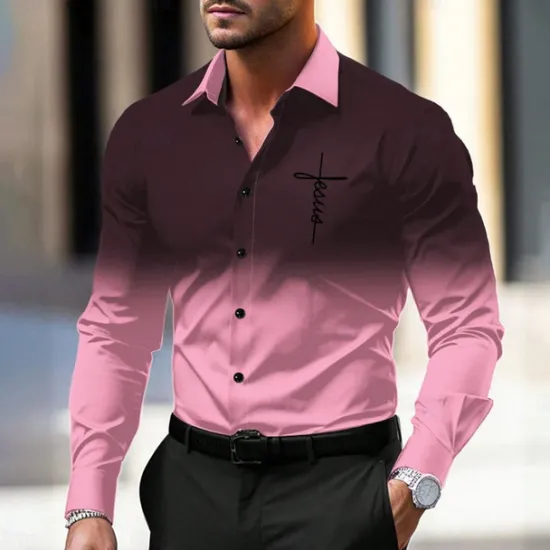 Discount OUKU Men's Dress Shirt Button Up Shirt Printed Shirts Formal Daily Violet Pink Red Blue Long Sleeve Turndown Fall Winter Clothing Apparel Print