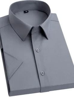 Sale OUKU Men's Dress Shirt Button Up Shirt Plain Wedding Vacation Black White Light Green Wine Short Sleeves Turndown Summer Clothing Apparel