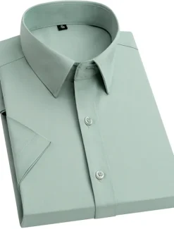 Sale OUKU Men's Dress Shirt Button Up Shirt Plain Wedding Vacation Black White Light Green Wine Short Sleeves Turndown Summer Clothing Apparel