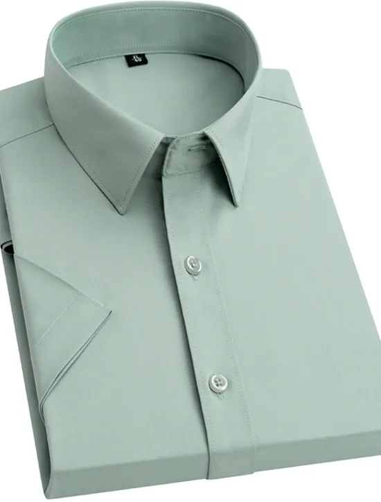 Sale OUKU Men's Dress Shirt Button Up Shirt Plain Wedding Vacation Black White Light Green Wine Short Sleeves Turndown Summer Clothing Apparel