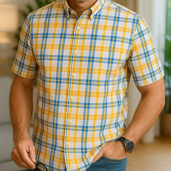 New OUKU Men's Dress Shirt Casual Shirt Plaid Check Shirt Graphic Prints Square Neck Light Yellow Light Pink Black / Gray White / Green Sea Blue Casual Daily Short Sleeve collared shirts Clothing Apparel