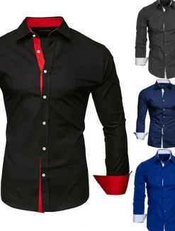 Discount OUKU Men's Dress Shirt Collared Shirt Button Up Shirt Plain Wedding Valentine's Day Black White Red Navy Blue Long Sleeve Collar Summer Spring Clothing Apparel Patchwork