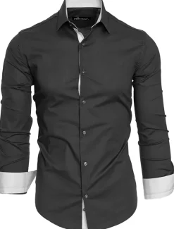 Discount OUKU Men's Dress Shirt Collared Shirt Button Up Shirt Plain Wedding Valentine's Day Black White Red Navy Blue Long Sleeve Collar Summer Spring Clothing Apparel Patchwork