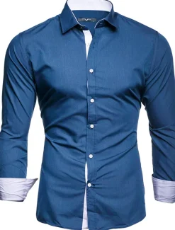 Discount OUKU Men's Dress Shirt Collared Shirt Button Up Shirt Plain Wedding Valentine's Day Black White Red Navy Blue Long Sleeve Collar Summer Spring Clothing Apparel Patchwork