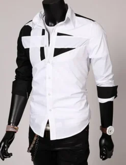 Hot OUKU Men's Dress Shirt Collared Shirt Button Up Shirt Color Block Wedding Daily Black White Red Gray Long Sleeve Classic Collar All Seasons Clothing Apparel
