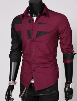 Hot OUKU Men's Dress Shirt Collared Shirt Button Up Shirt Color Block Wedding Daily Black White Red Gray Long Sleeve Classic Collar All Seasons Clothing Apparel
