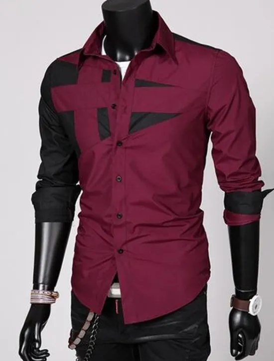 Hot OUKU Men's Dress Shirt Collared Shirt Button Up Shirt Color Block Wedding Daily Black White Red Gray Long Sleeve Classic Collar All Seasons Clothing Apparel