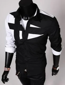 Hot OUKU Men's Dress Shirt Collared Shirt Button Up Shirt Color Block Wedding Daily Black White Red Gray Long Sleeve Classic Collar All Seasons Clothing Apparel