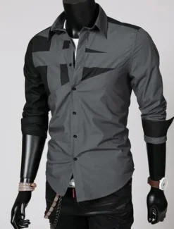 Hot OUKU Men's Dress Shirt Collared Shirt Button Up Shirt Color Block Wedding Daily Black White Red Gray Long Sleeve Classic Collar All Seasons Clothing Apparel