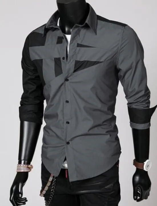 Hot OUKU Men's Dress Shirt Collared Shirt Button Up Shirt Color Block Wedding Daily Black White Red Gray Long Sleeve Classic Collar All Seasons Clothing Apparel