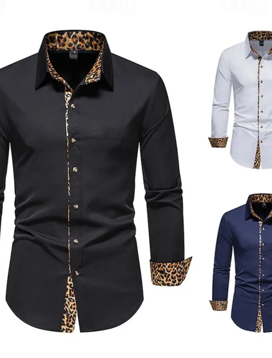 Sale OUKU Men's Dress Shirt Collared Shirt Button Up Shirt Leopard Wedding Daily White Navy Blue Long Sleeve All Seasons Clothing Apparel Black