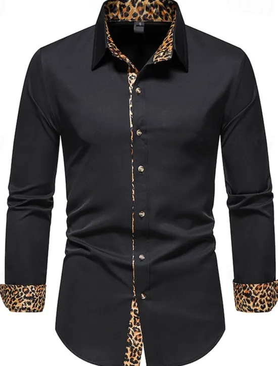 Sale OUKU Men's Dress Shirt Collared Shirt Button Up Shirt Leopard Wedding Daily White Navy Blue Long Sleeve All Seasons Clothing Apparel Black