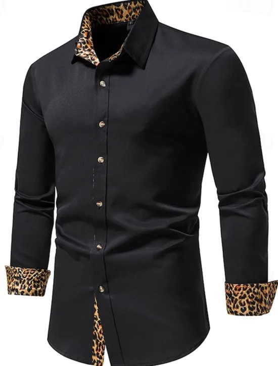 Sale OUKU Men's Dress Shirt Collared Shirt Button Up Shirt Leopard Wedding Daily White Navy Blue Long Sleeve All Seasons Clothing Apparel Black