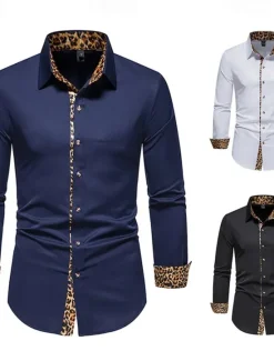 Sale OUKU Men's Dress Shirt Collared Shirt Button Up Shirt Leopard Wedding Daily White Navy Blue Long Sleeve All Seasons Clothing Apparel Black