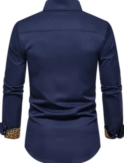 Sale OUKU Men's Dress Shirt Collared Shirt Button Up Shirt Leopard Wedding Daily White Navy Blue Long Sleeve All Seasons Clothing Apparel Black