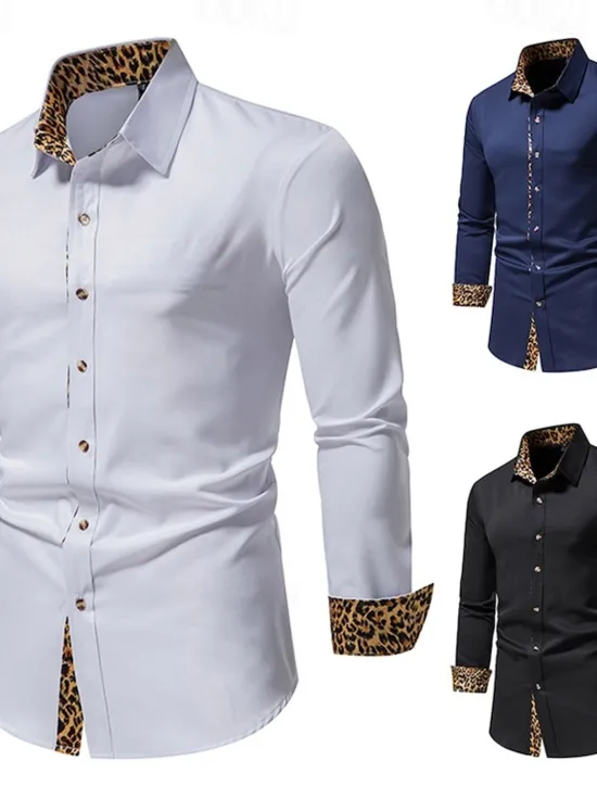 Sale OUKU Men's Dress Shirt Collared Shirt Button Up Shirt Leopard Wedding Daily White Navy Blue Long Sleeve All Seasons Clothing Apparel Black