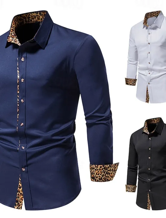 Sale OUKU Men's Dress Shirt Collared Shirt Button Up Shirt Leopard Wedding Daily White Navy Blue Long Sleeve All Seasons Clothing Apparel Black
