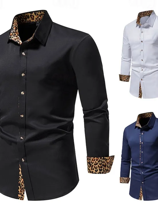 Sale OUKU Men's Dress Shirt Collared Shirt Button Up Shirt Leopard Wedding Daily White Navy Blue Long Sleeve All Seasons Clothing Apparel Black