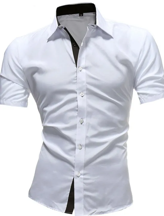 Hot OUKU Men's Dress Shirt Collared Shirt Button Up Shirt Plain Wedding Work Navy Black Red White Blue Short Sleeve Collar Clothing Apparel