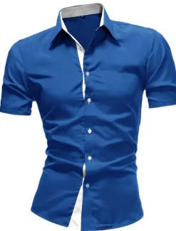 Hot OUKU Men's Dress Shirt Collared Shirt Button Up Shirt Plain Wedding Work Navy Black Red White Blue Short Sleeve Collar Clothing Apparel
