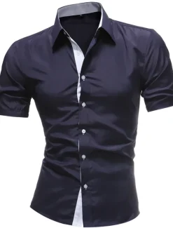 Hot OUKU Men's Dress Shirt Collared Shirt Button Up Shirt Plain Wedding Work Navy Black Red White Blue Short Sleeve Collar Clothing Apparel