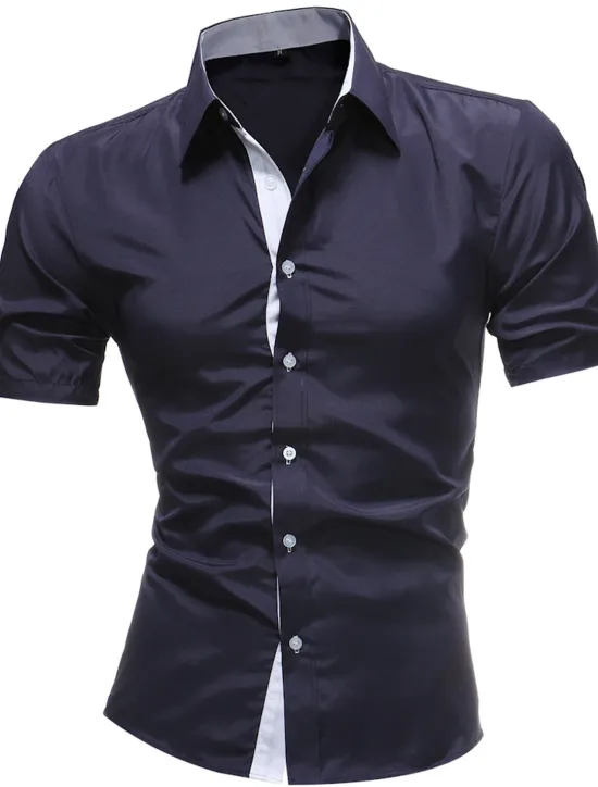 Hot OUKU Men's Dress Shirt Collared Shirt Button Up Shirt Plain Wedding Work Navy Black Red White Blue Short Sleeve Collar Clothing Apparel