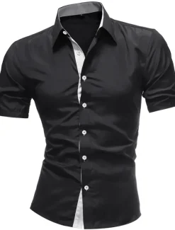 Hot OUKU Men's Dress Shirt Collared Shirt Button Up Shirt Plain Wedding Work Navy Black Red White Blue Short Sleeve Collar Clothing Apparel