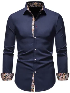 OUKU Men's Dress Shirt Collared Shirt Button Up Shirt Abstract Wedding Daily Black White Wine Navy Blue Long Sleeve Clothing Apparel