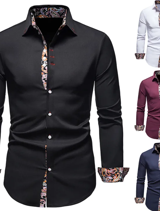 OUKU Men's Dress Shirt Collared Shirt Button Up Shirt Abstract Wedding Daily Black White Wine Navy Blue Long Sleeve Clothing Apparel