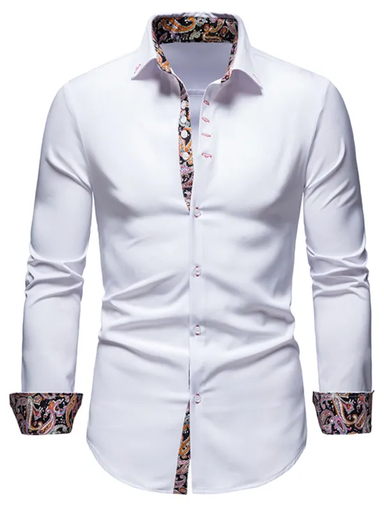 OUKU Men's Dress Shirt Collared Shirt Button Up Shirt Abstract Wedding Daily Black White Wine Navy Blue Long Sleeve Clothing Apparel