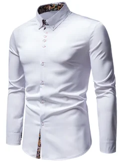 OUKU Men's Dress Shirt Collared Shirt Button Up Shirt Abstract Wedding Daily Black White Wine Navy Blue Long Sleeve Clothing Apparel